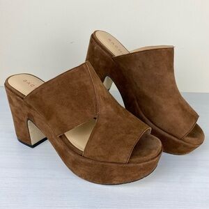 Sacha London Ima Brown Suede Platform Sandals Size 10 Chunky Heels Side Cut-Outs